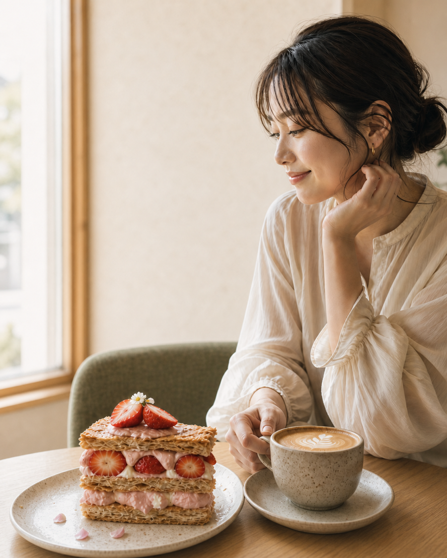 窓辺の席で微笑む女性と、苺のミルフィーユ・自家焙煎ラテ