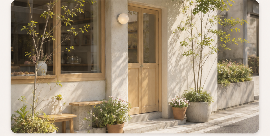 木の扉と鉢植えが並ぶ店構え